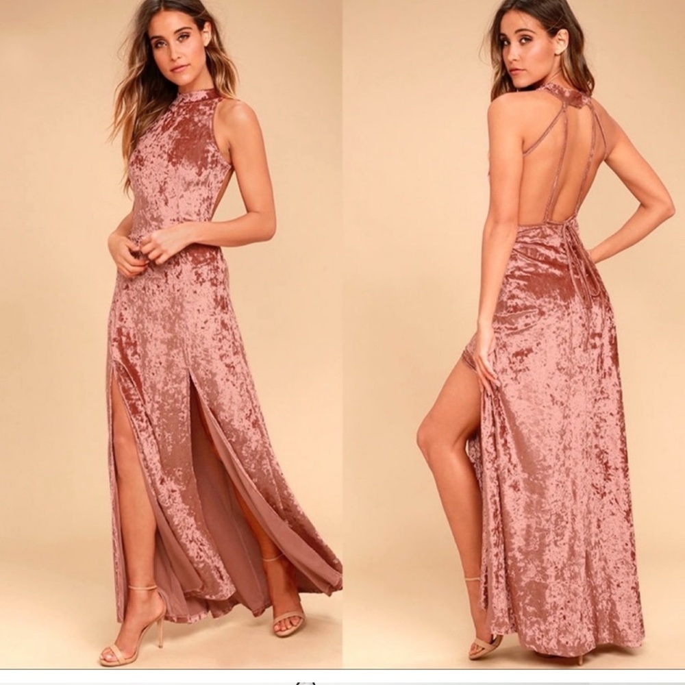 Lulu’s Sway My Options Rusty Rose Velvet Maxi Dress Gown Open Back Front Slits